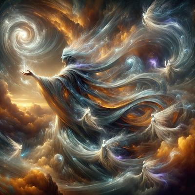 The primary subject of the image is a woman, possibly an angel, with long hair and a flowing dress. She is surrounded by a swirling, colorful, and ethereal background, which adds to the overall mood of the scene. The visual style of the image is a combination of digital art and illustration, creating a surreal and dreamlike atmosphere. The colors in the image are predominantly purple and blue, which contribute to the serene and mystical ambiance.